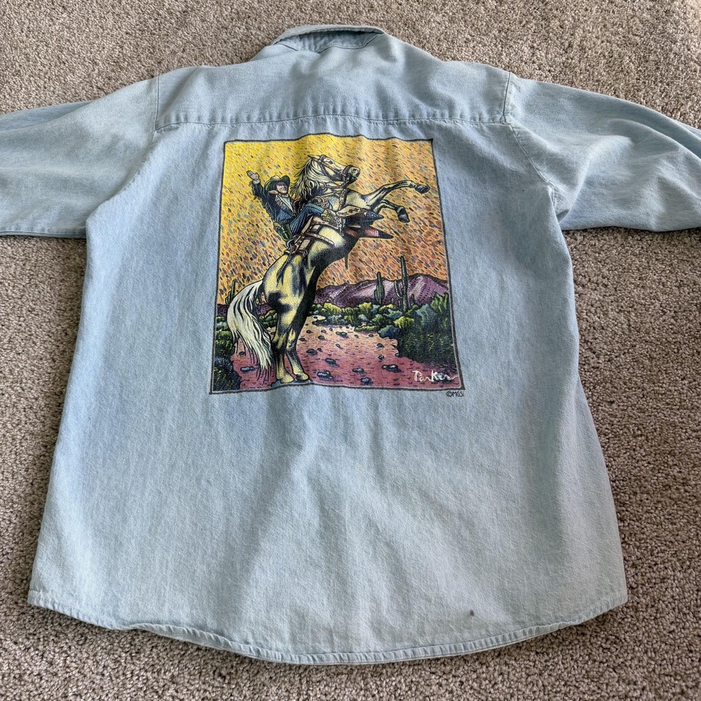 Vintage Three Rivers Shirt Mens Med Denim Long Sleeve Button Up Western Cowboy